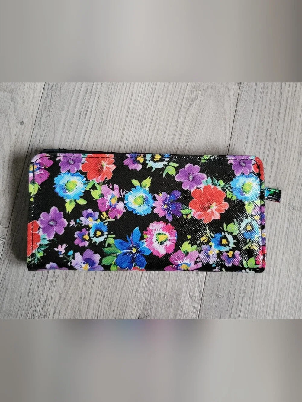 Black Floral Pink & Blue Slim Cardholder Wallet + Zippered Back Pocket, 7